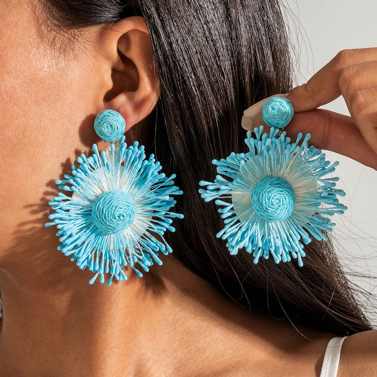 Handmade Woven Raffia Vacation Earrings Floral Design