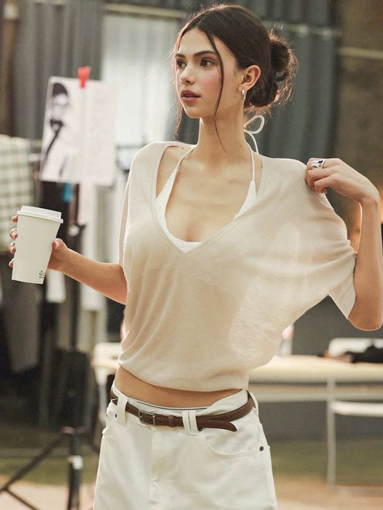 Sheer Long Sleeve Top for Women with Waist Tie