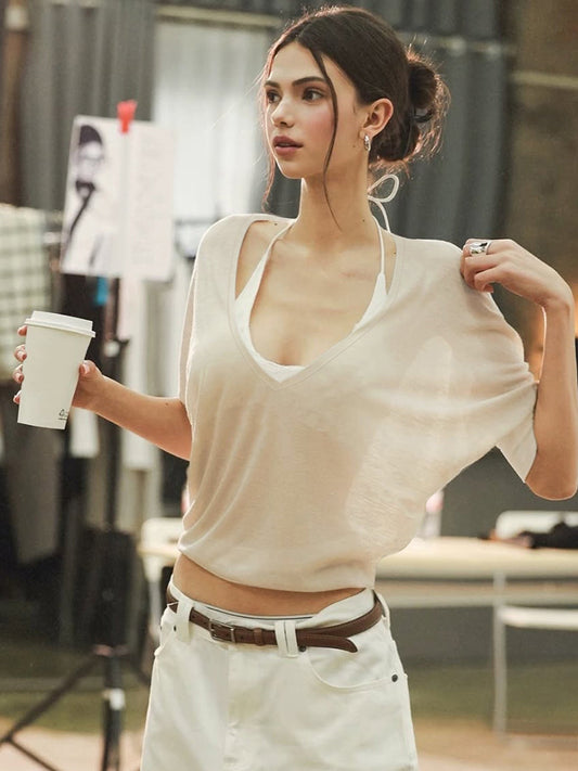 Sheer Long Sleeve Top for Women with Waist Tie
