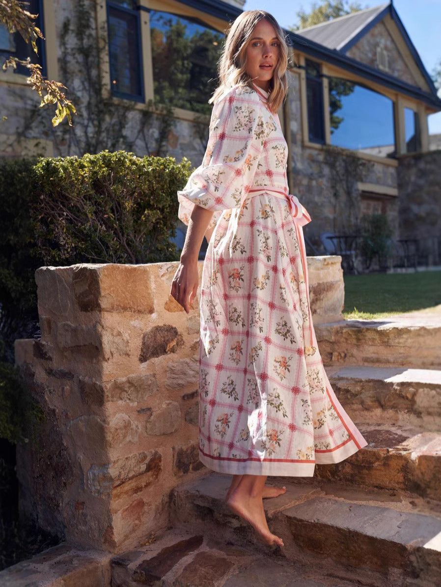 Floral Long Maxi Dress Elegant Casual Linen With Belt