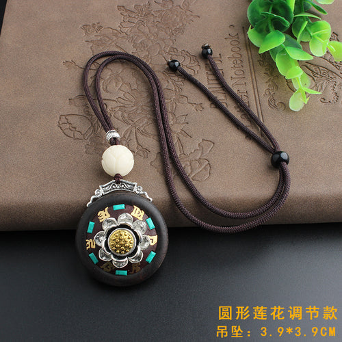 Vintage Ebony Nepal Pendant Fortune Transfer Necklace Long Versatile Ethnic Style Peace Card Pendant Necklace