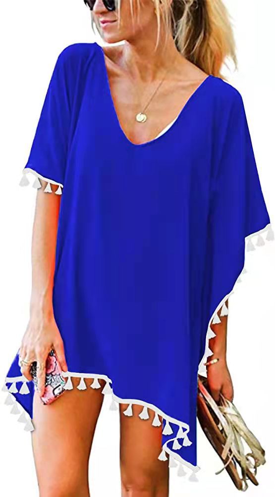 Crewneck Chiffon Fringed Dress Loose Fit Beach Blouse