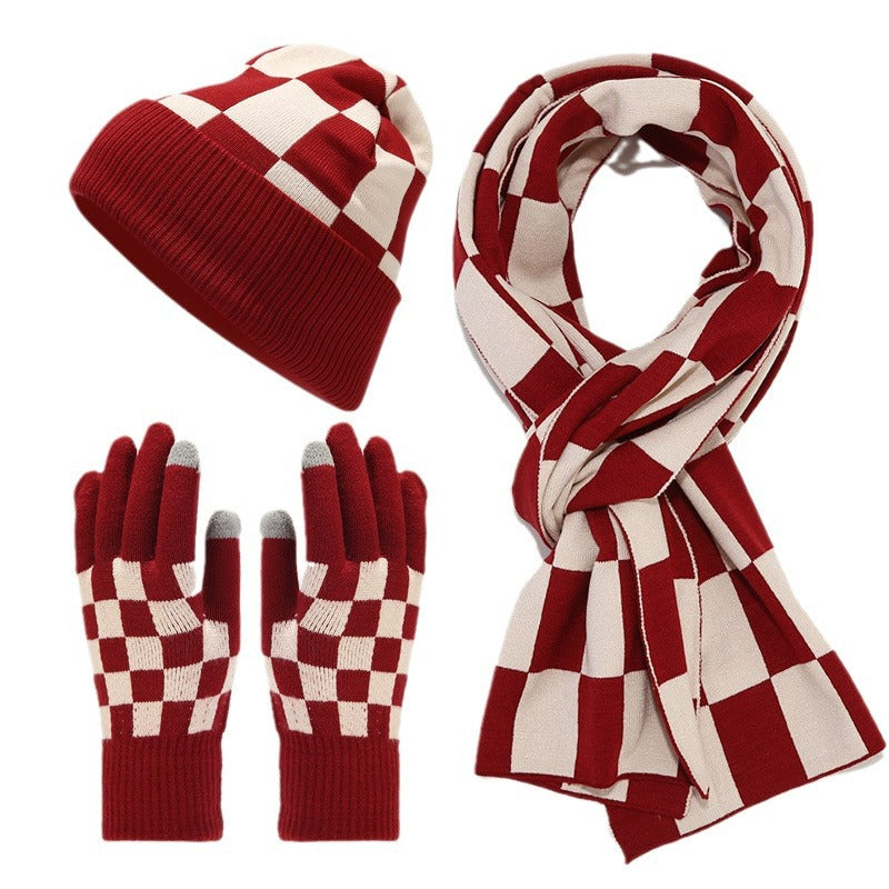 Winter Plaid Warm Hat Scarf Gloves Outdoor Sets