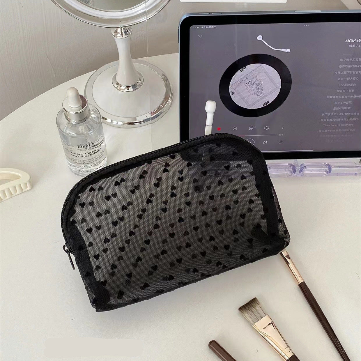 Black Heart Velvet Mesh Makeup Organizer Bag