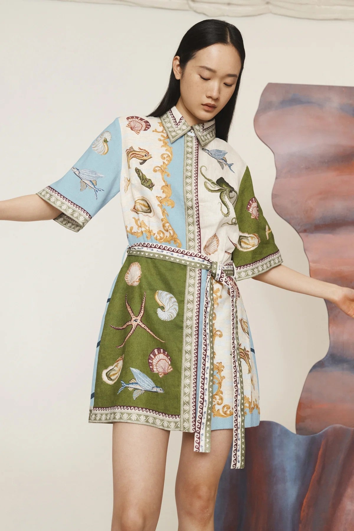 Casual Elegant Linen Shirt Dress with Animal Print