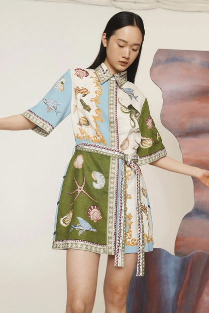 Casual Elegant Linen Shirt Dress with Animal Print
