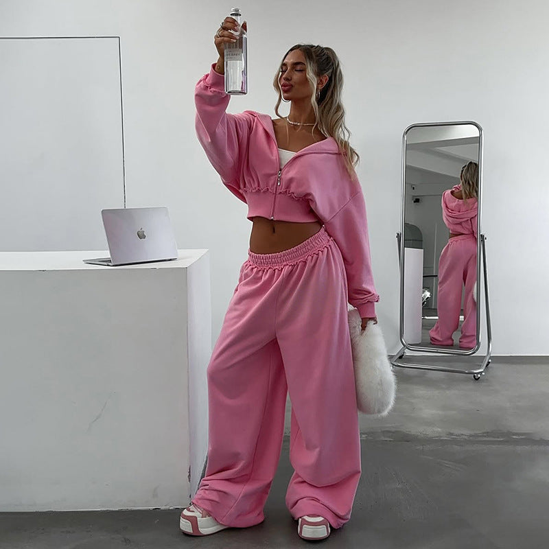 Crop Hooded Jacket And High-Waisted Wide-Leg Pants Set