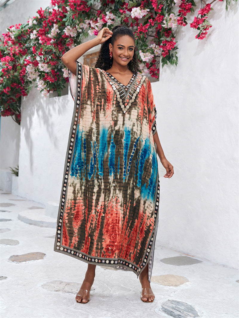 Cotton Watermark Printed Beach Blouses Robe-Style Holiday Sunscreen Blouses Bikini Blouses