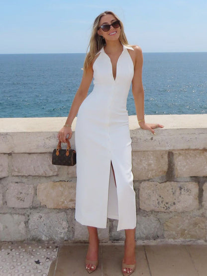 Simple Split Long Maxi Dress Sleeveless Collar Dress for Women