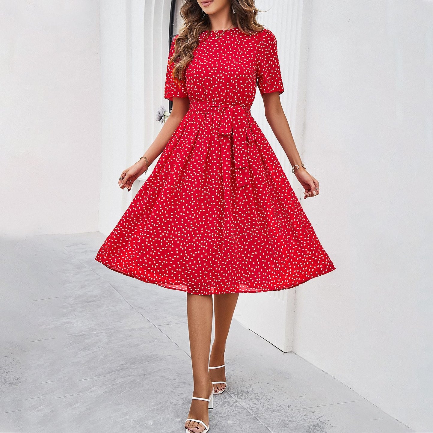 Polka Dot Tie Waist Long Dress Elegant Casual Dress