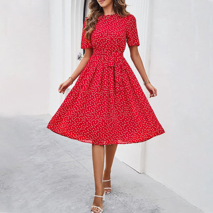 Polka Dot Tie Waist Long Dress Elegant Casual Dress