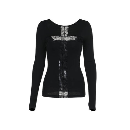 Color Block Long Sleeve Cross Graphic T-Shirt for Women
