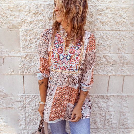 The New Fall Bohemian V-Neck Pullover T-Shirt With Long Sleeves