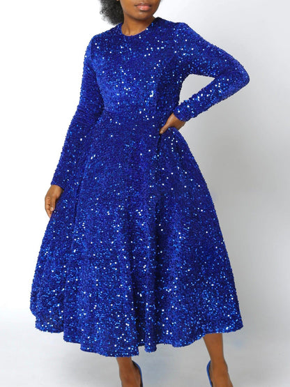 Elegant Long Sleeve Sequin A-Line Dress For Evening Events