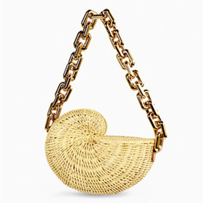 Woven Straw Woven Bag Shell Shape Rattan Woven Bag Personalized Acrylic Chain Shoulder Bag