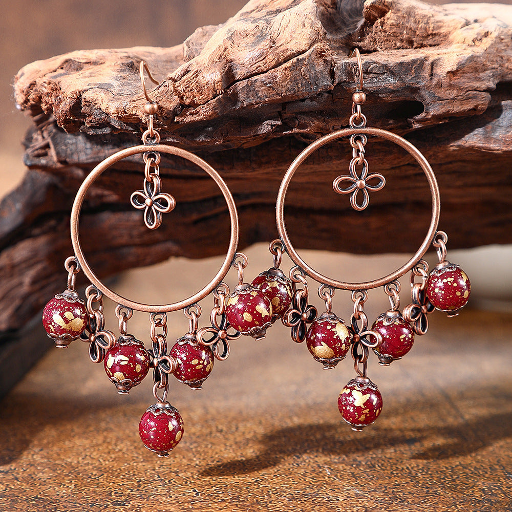 Vintage Chandelier Tassel Earrings Red Unique Elegant Statement Jewelry