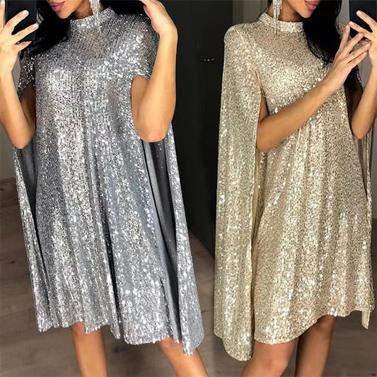 Sequin Long Sleeve Cape Dress with Stand Collar for Women