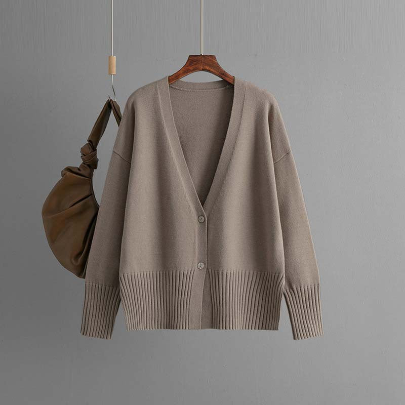 Elegant V-Neck Solid Color Loose Knit Cardigan
