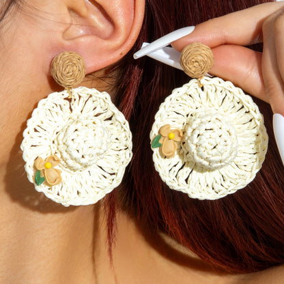 Handmade Woven Raffia Vacation Earrings Floral Design