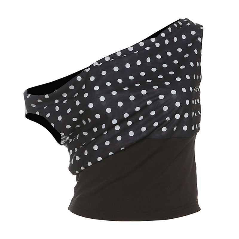 Retro Polka Dot Crop Top Sexy One-Shoulder Blouse
