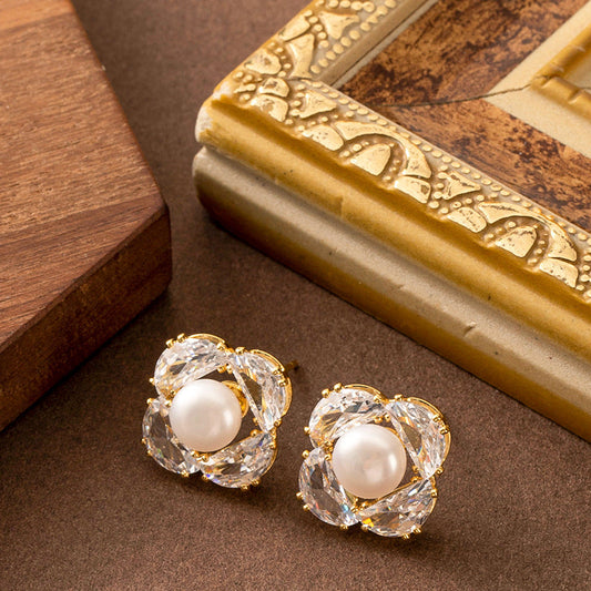 Elegant Floral Pearl Stud Earrings With Zirconium Accents