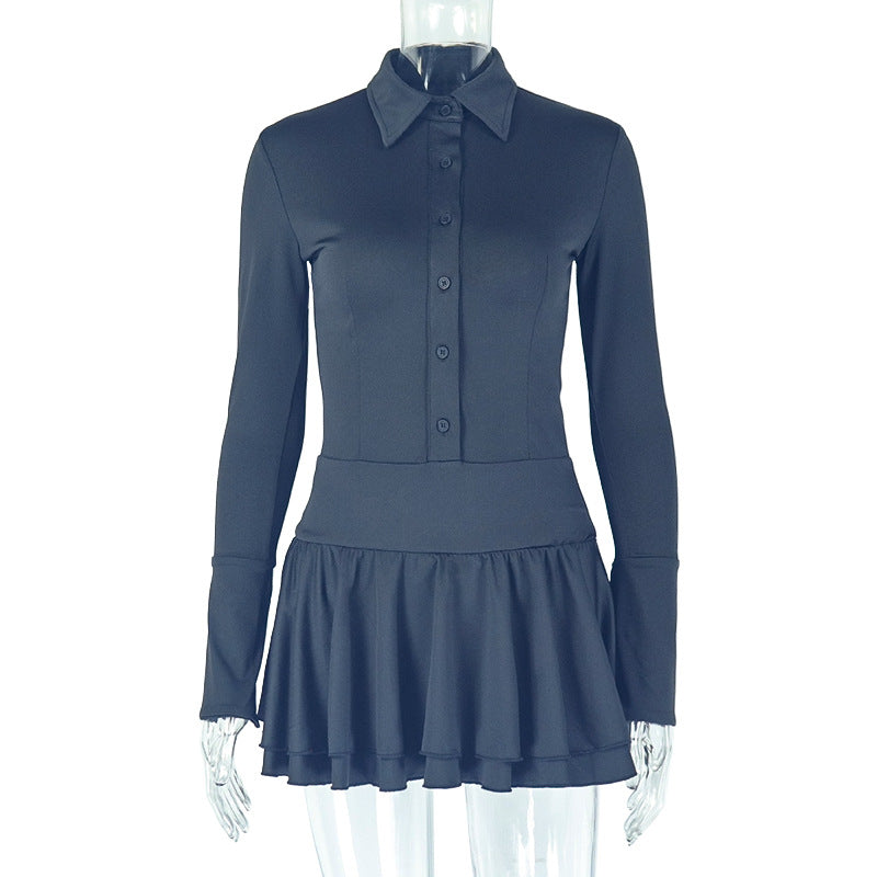 Elegant Solid Color Pleated A-Line Dress With Deep V Neck