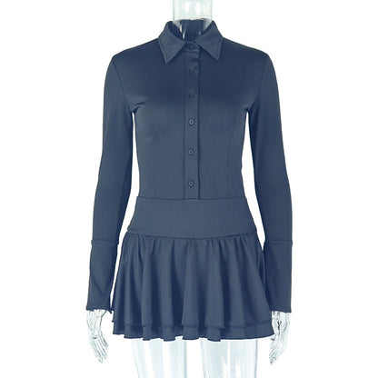 Elegant Solid Color Pleated A-Line Dress With Deep V Neck
