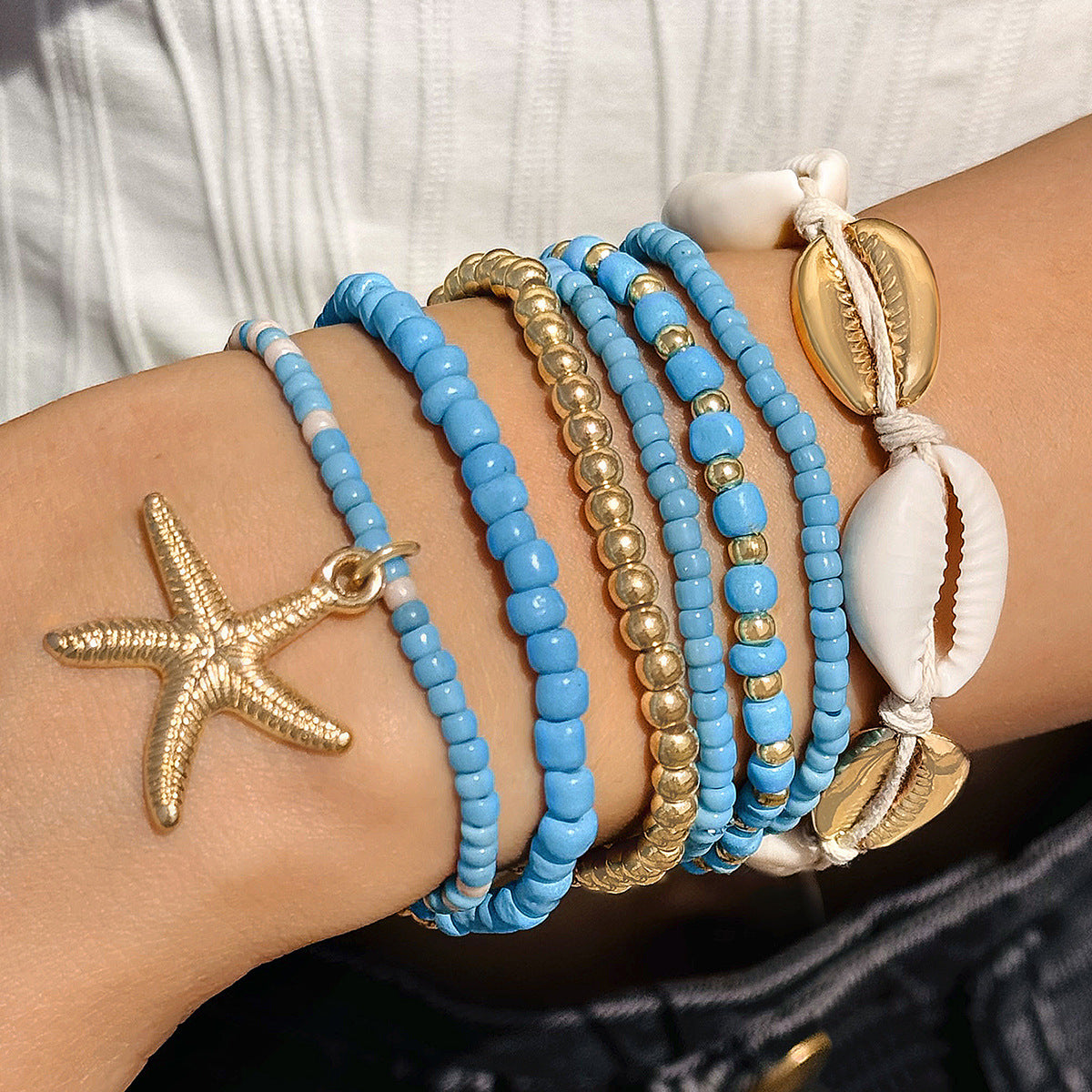 Bohemian Seashell Beaded Anklets Set With Starfish Elements