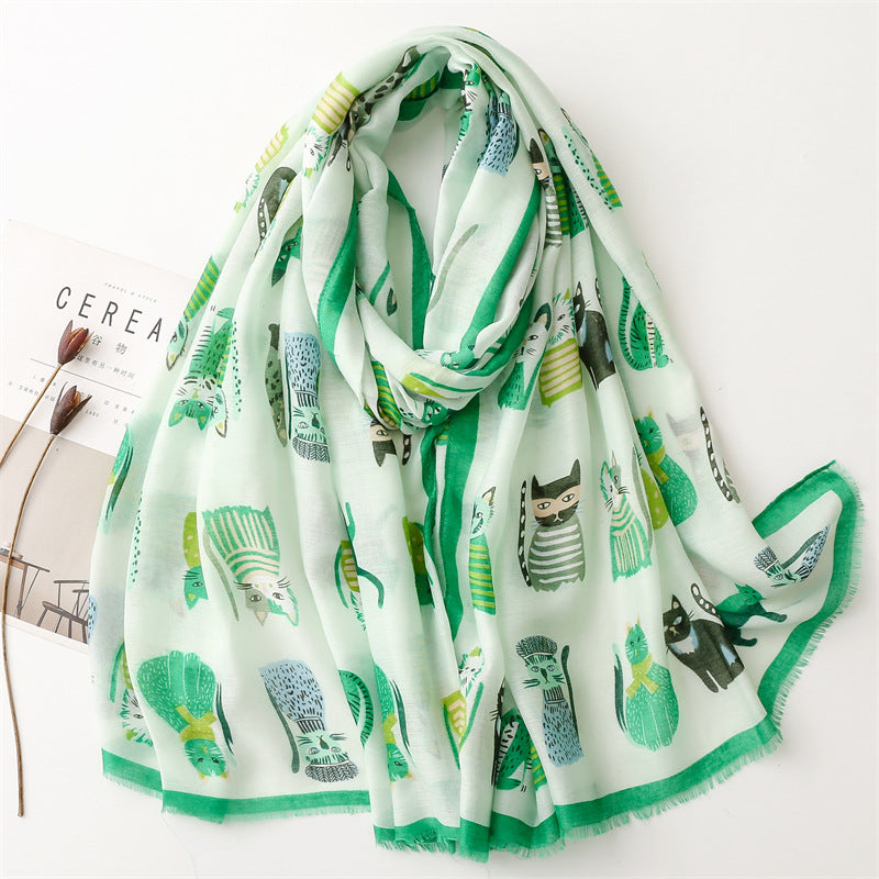 Spring And Autumn Sunscreen Cute Cat Paradise Printed Silk Scarf Satin Cotton Long Scarf