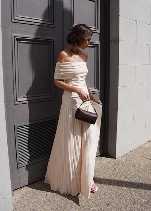 Off Shoulder Pleated Maxi Dress In Apricot