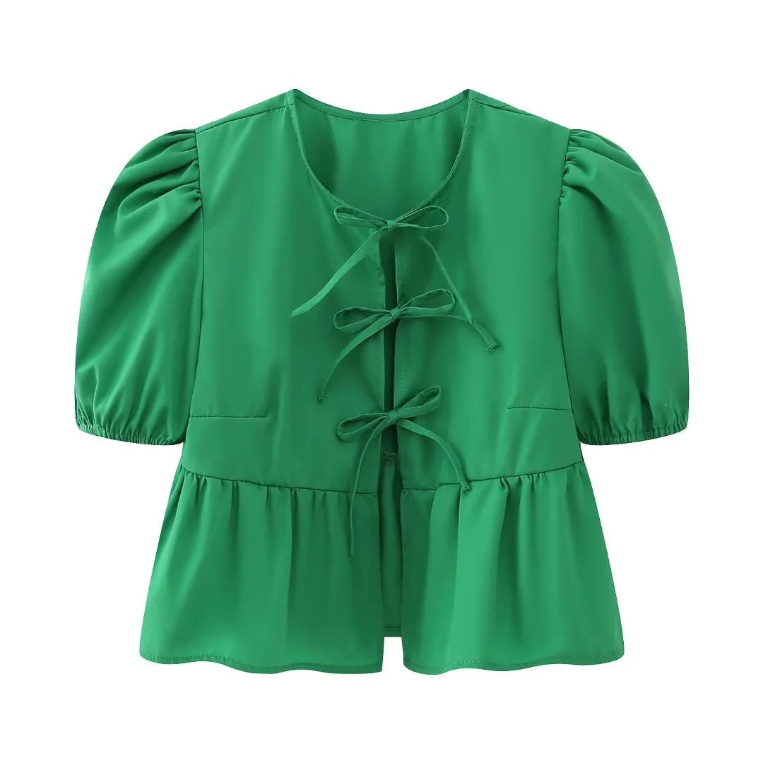 Cute Tie Front Round Neck Pullover Top