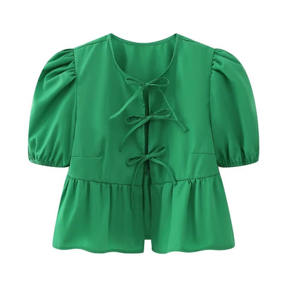 Cute Tie Front Round Neck Pullover Top