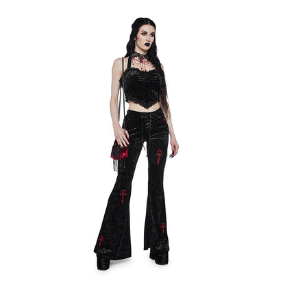Casual High-Waisted Flare Pants with Cross Embroidery