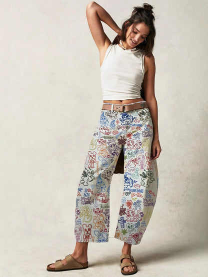 Casual Loose Mid-Rise Women's Denim Pants with Cartoon Patterns