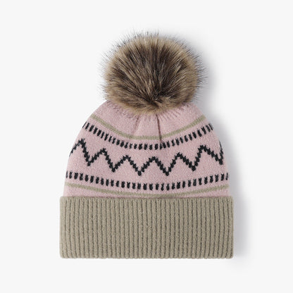 Splicing Striped Padded Knit Pom Beanie