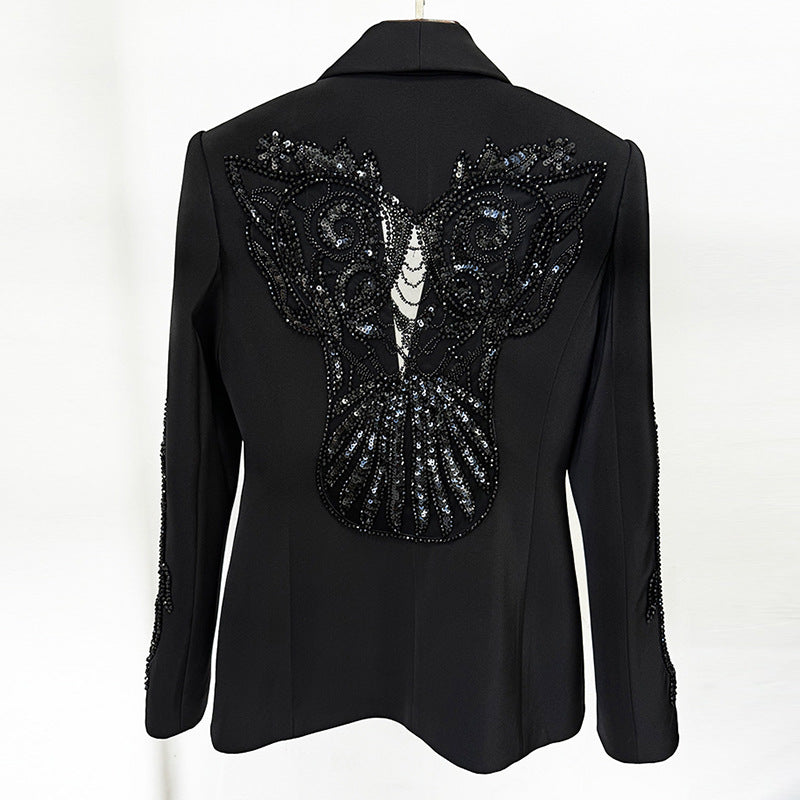 Sheer Panel Beaded Blazer and Chiffon Pants Set