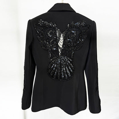 Sheer Panel Beaded Blazer and Chiffon Pants Set