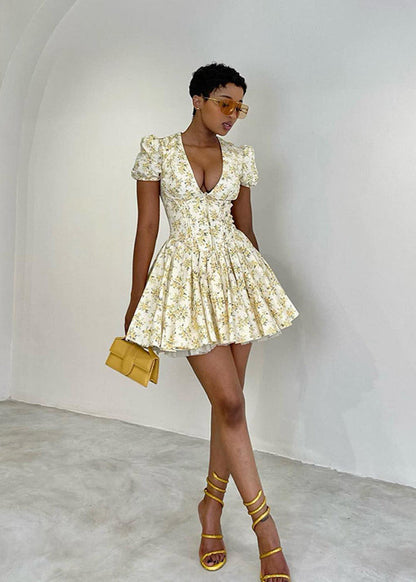 Puff Sleeve Mini Dress Lightweight Floral Print