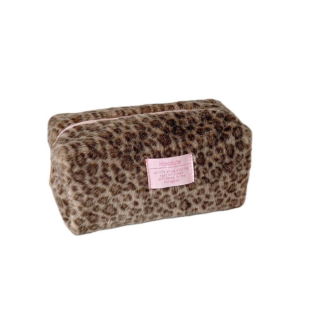 Cute Fuzzy Leopard Print Portable Makeup Bag