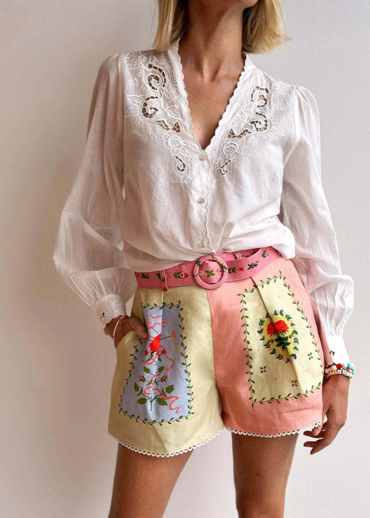 Linen Shirt and Shorts Set with Embroidery