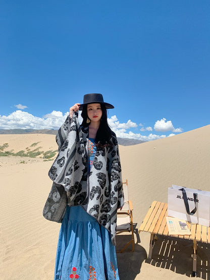 Ethnic Style Cape Coat Shawl Lhasa Scarf Female Leopard Pattern Autumn And Winter Grassland Scarf