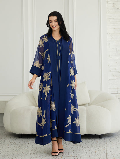 Embroidered Long Kimono Dress Set in Navy Blue and White