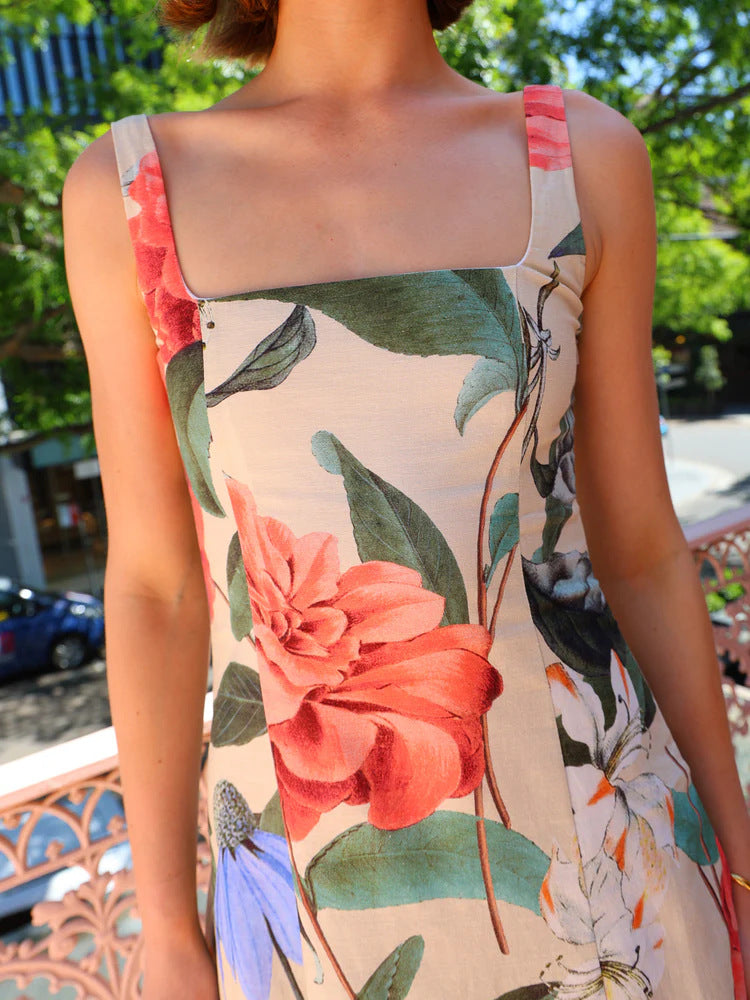 Vintage Flower Print Spaghetti Slim Dress