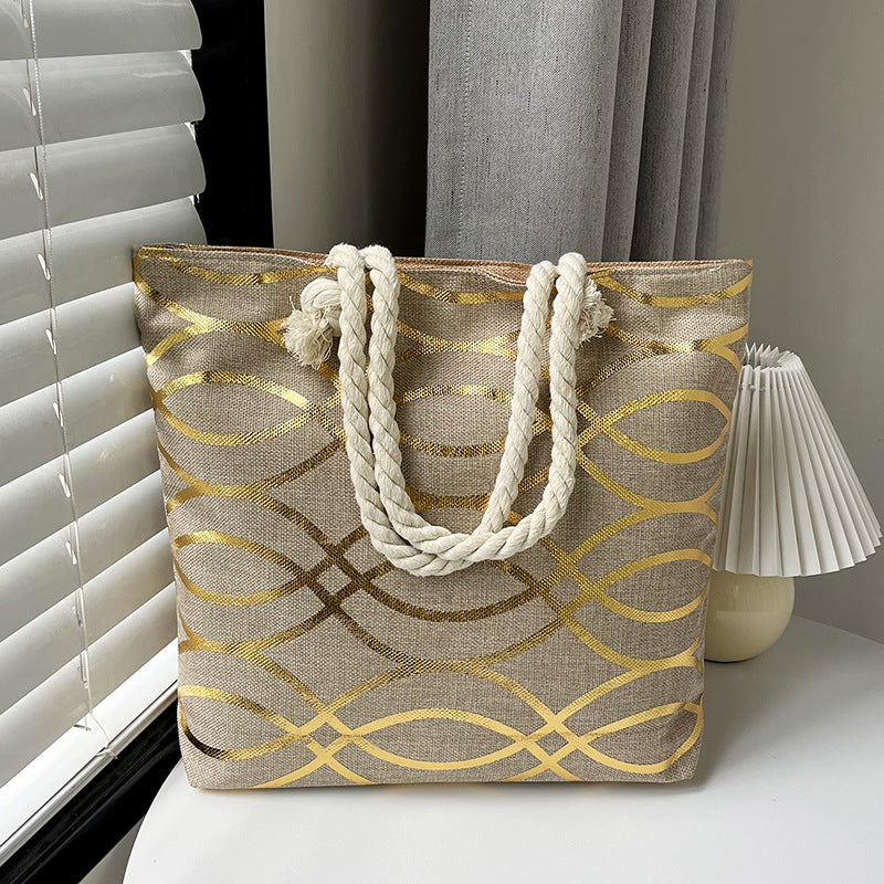 Large Capacity Linen Tote Bag with Dual-Sided Gold Foil Design