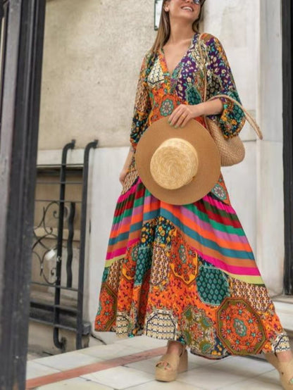 Positioning Print Swung Super Long Ethnic Style Dress Women'S Pleated Summer New Temperament Long Skirt