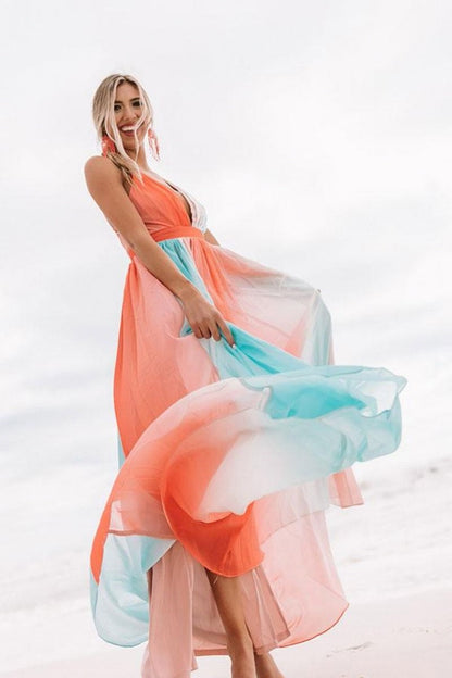 Suspenders Sexy Deep V Rainbow Mesh Slip Dress