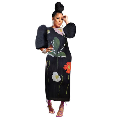 Elegant Lantern Sleeve Ruffled Maxi Dress