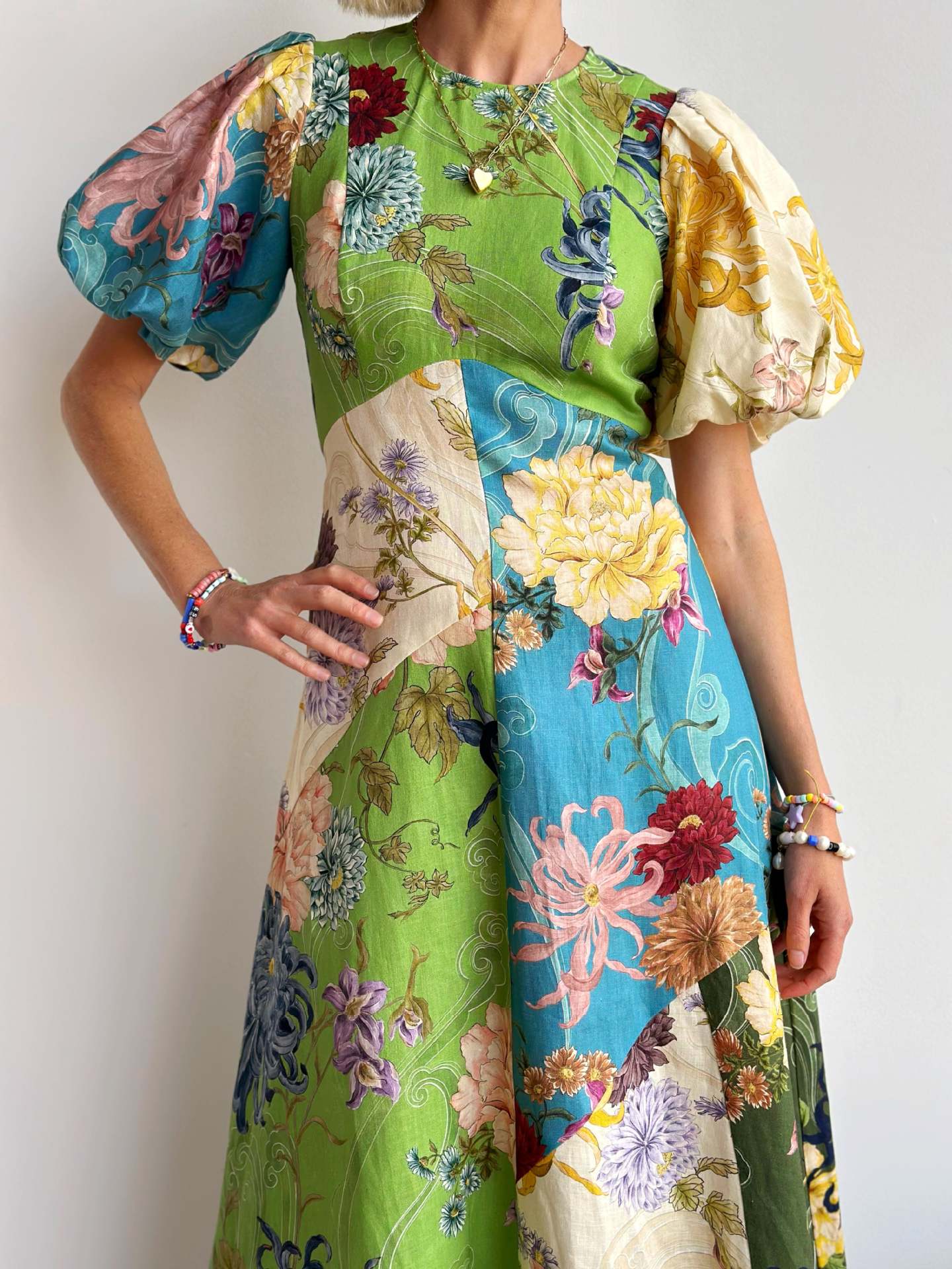 Floral Print Puff Sleeve Linen Dress Casual Elegant Style