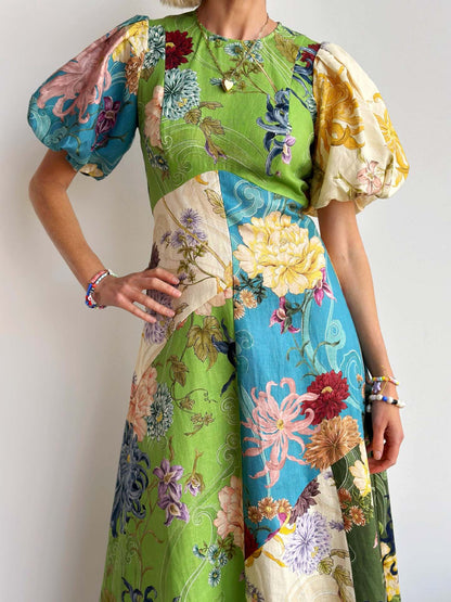 Floral Print Puff Sleeve Linen Dress Casual Elegant Style