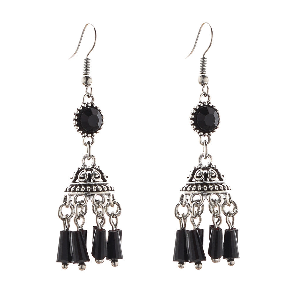 Black Crystal Tassel Lantern Earrings Vintage Inspired Fashion Jewelry